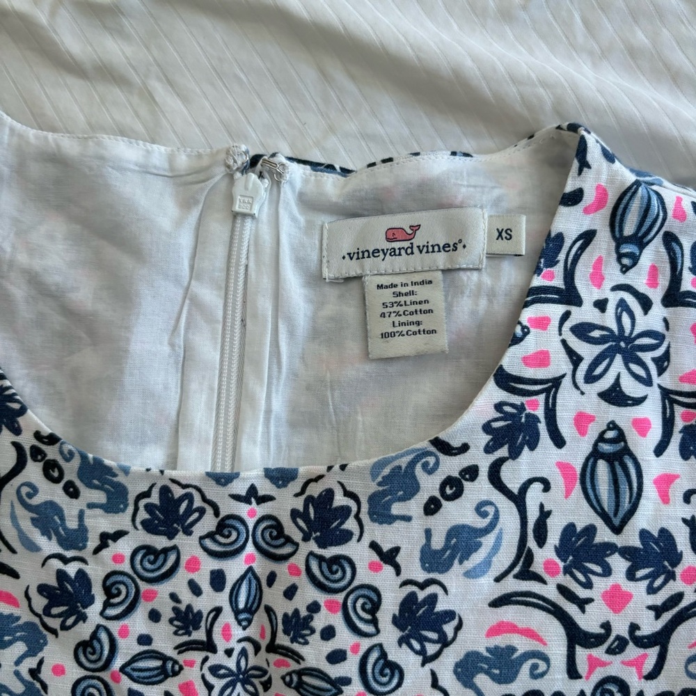 Vineyard Vines XS Linen-Cotton Printed Sheath Dress - White with Navy & Pink